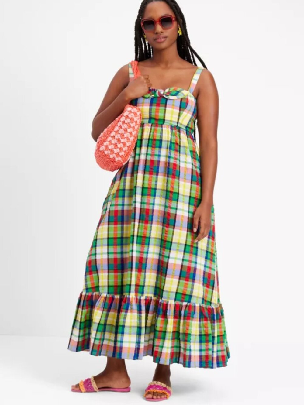 Kate Spade Coastal Plaid Bow Maxi Dress Seersucker Corset top Sundress Midi 6 - Picture 7 of 12